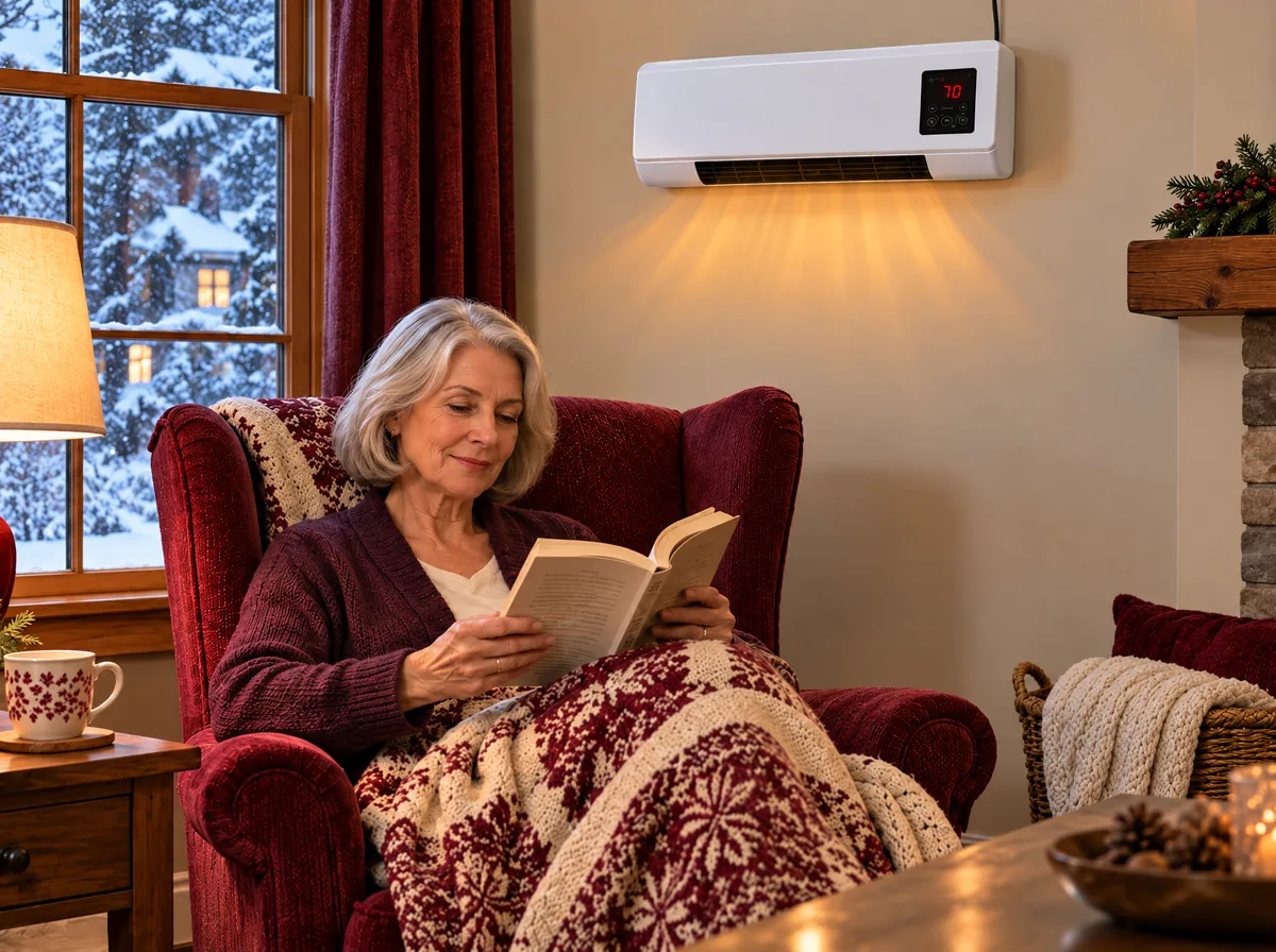 A warm room on a snowy day with the slim white heater mounted on the wall