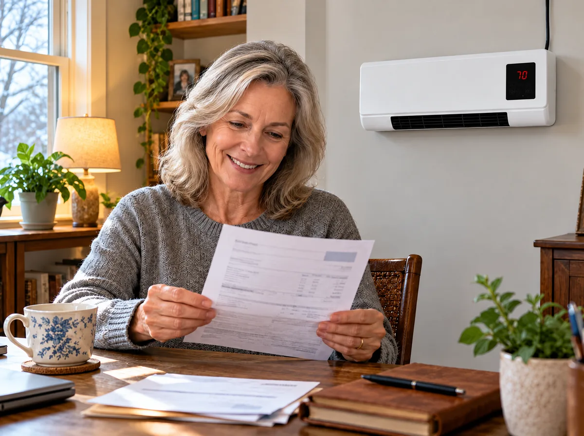 a reader smiling at a lower utility bill with the heater on the wall behind