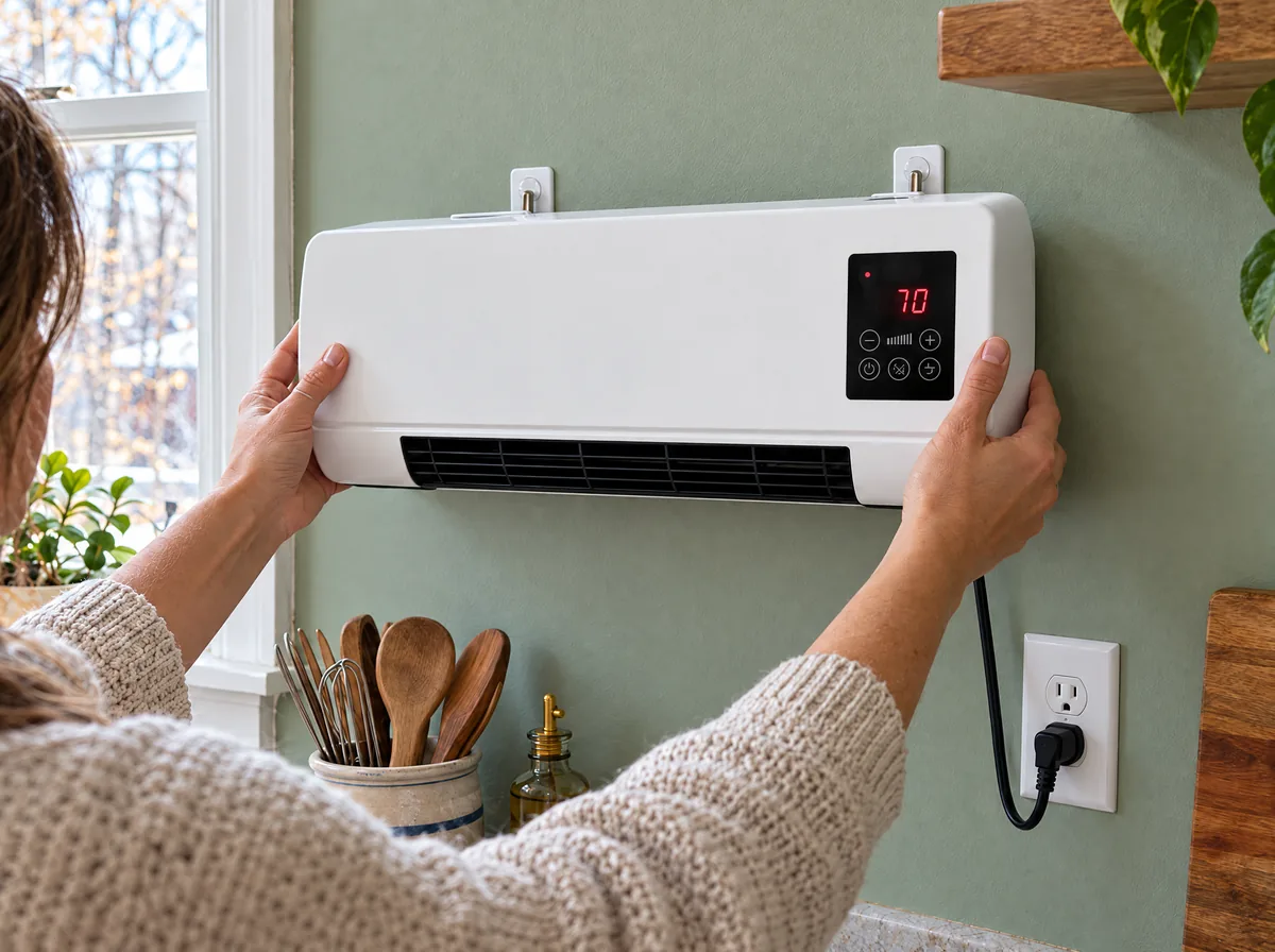 two hands hanging the heater on two small wall hooks above an outlet