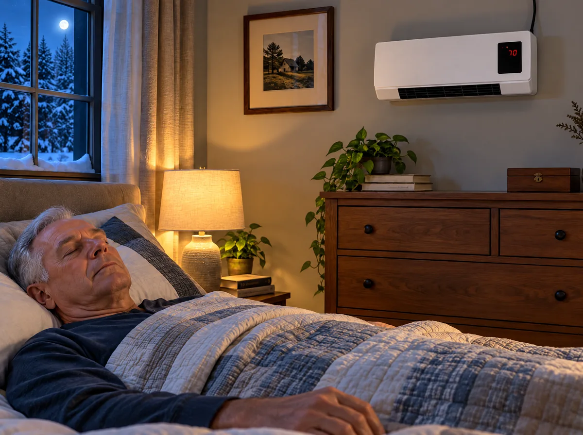 a peaceful bedroom at night with the heater on the wall