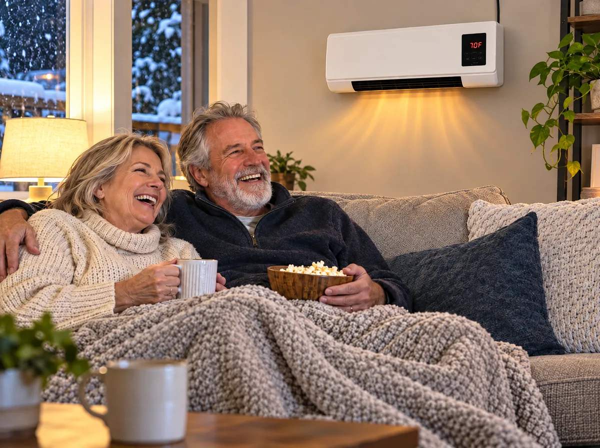 a warm room with the heater mounted high on the wall
