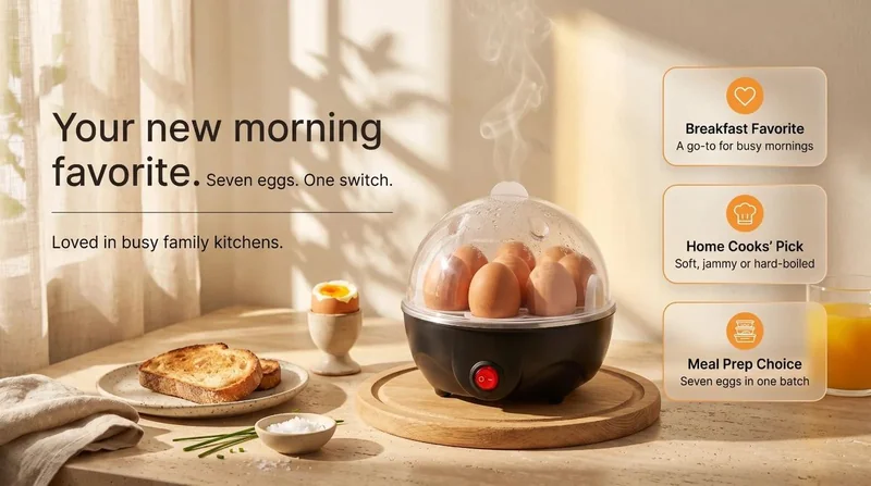 Joyhnny Egg Cooker on a kitchen counter with a tray of eggs