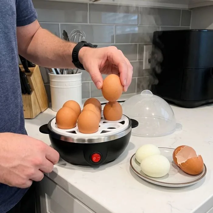 Lifting an egg out of the cooker