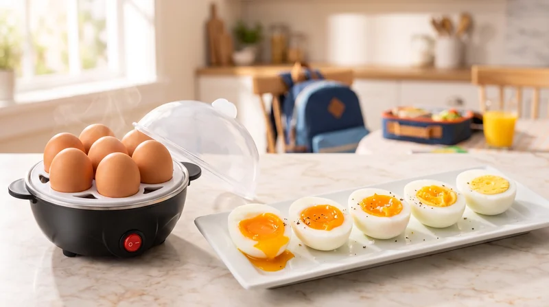 Joyhnny next to halved eggs from soft to hard