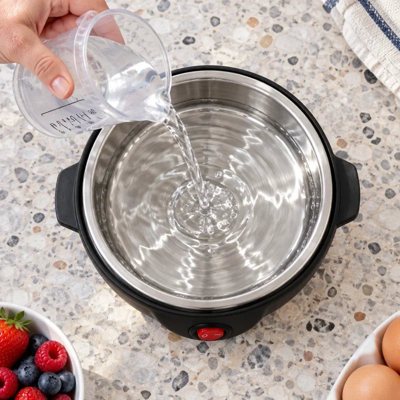Pouring measured water into the heating tray