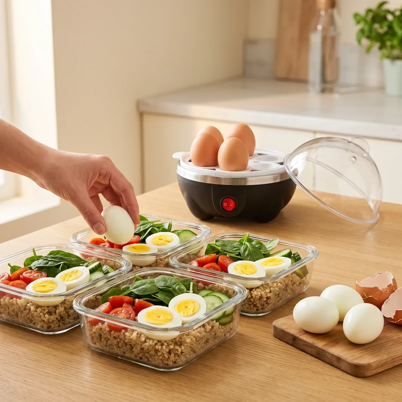 Hard-boiled eggs in meal prep bowls