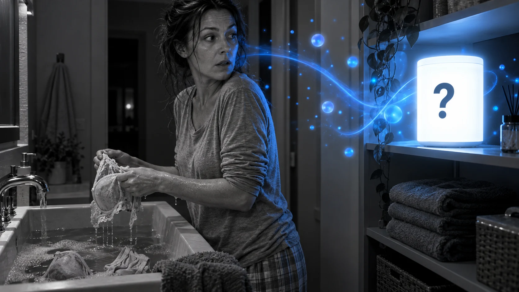 Woman washing underwear at a bathroom counter at night