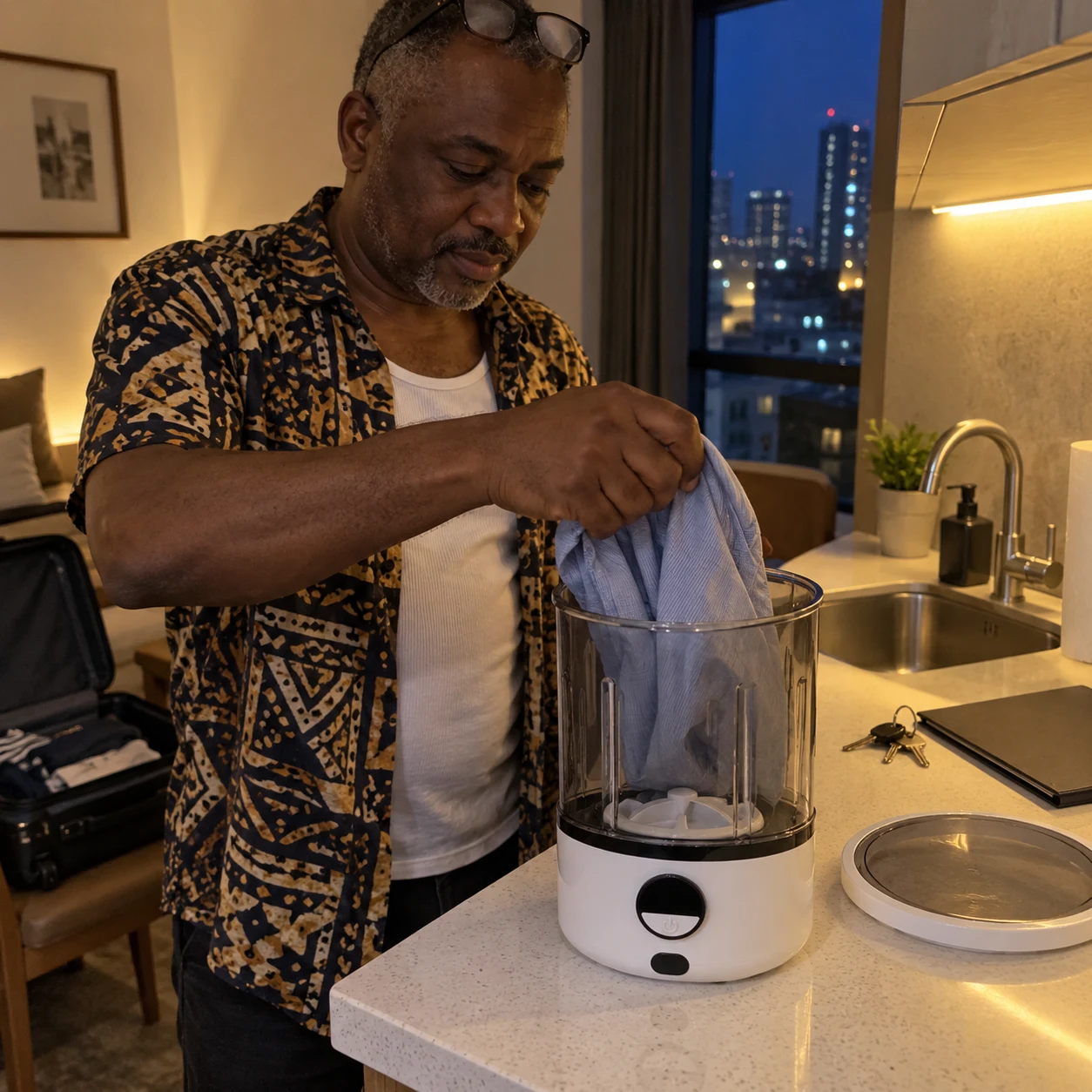 Owner loading a shirt into the Whirlclean Mini Washer in a city apartment kitchen at night