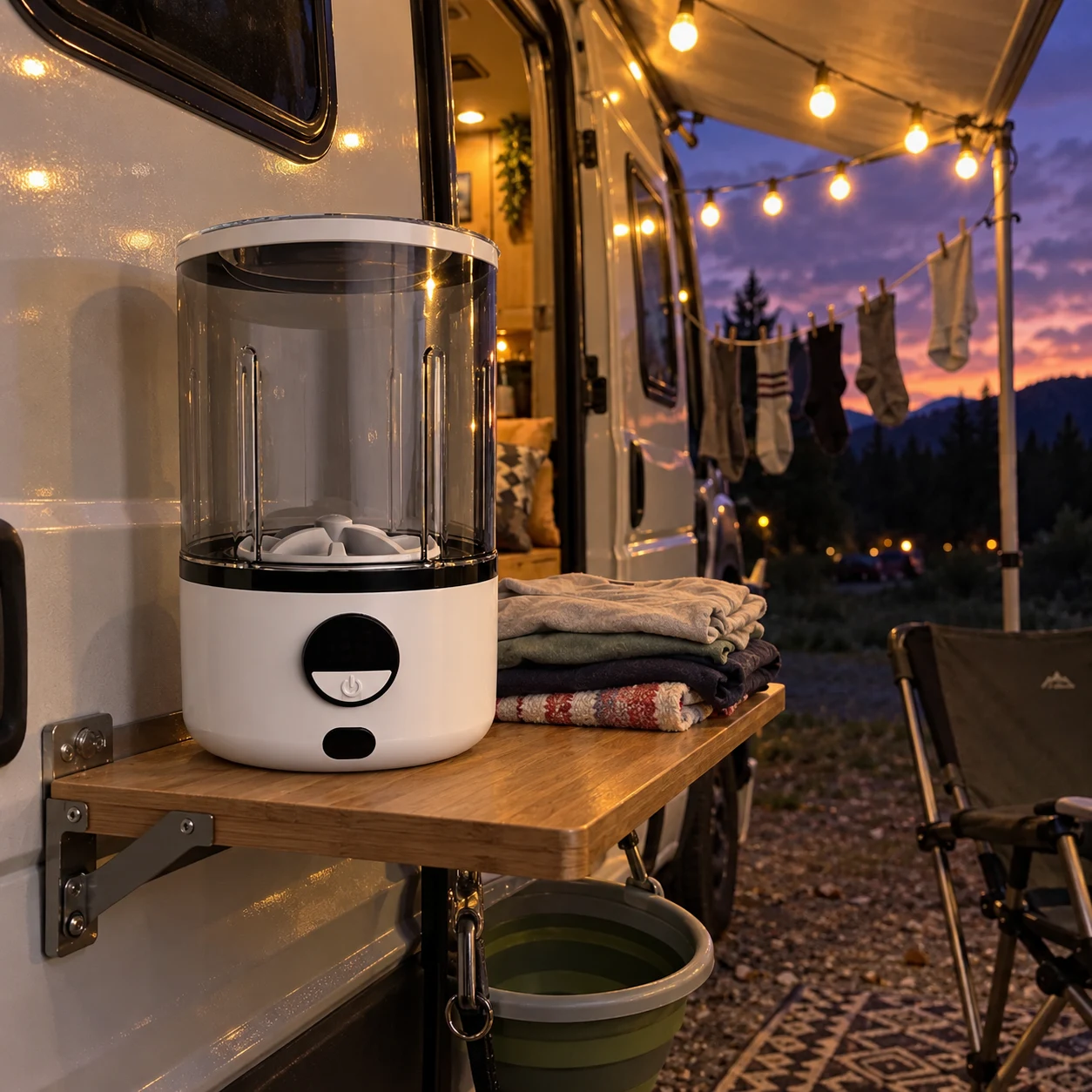 Whirlclean Mini Washer on a camper van shelf beside folded clothes at sunset