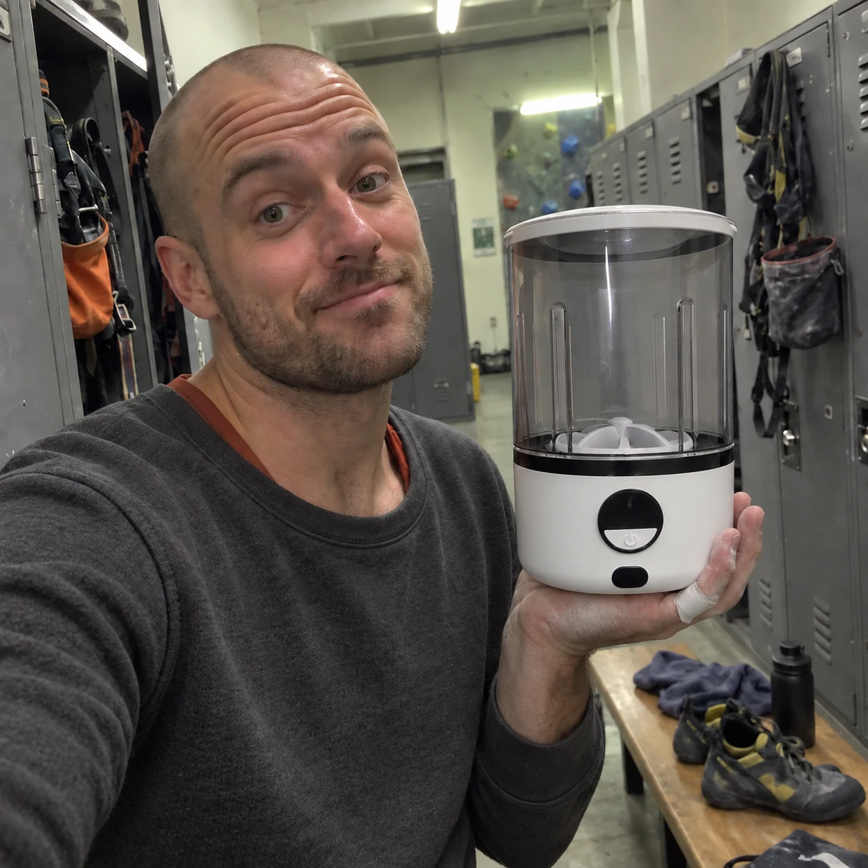 Climber holding the Whirlclean Mini Washer in a gym locker room