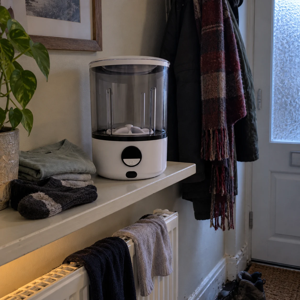 Whirlclean Mini Washer on an entryway shelf beside folded laundry and socks