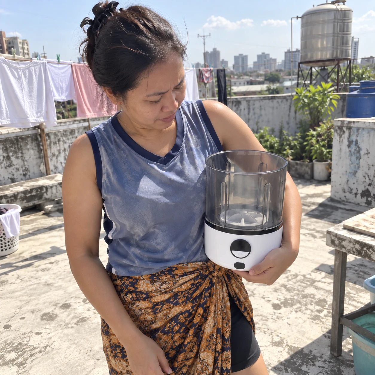 Owner carrying the Whirlclean Mini Washer on a rooftop laundry terrace
