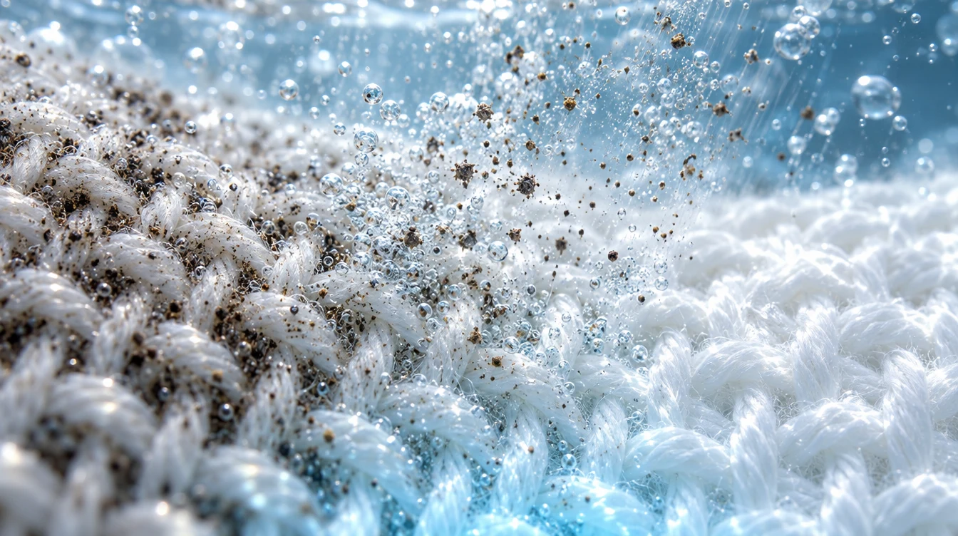 Soil lifted out of fabric fibers by Whirlclean flow