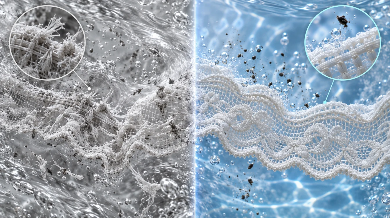 Frayed lace from friction washing next to intact lace washed by Whirlclean flow
