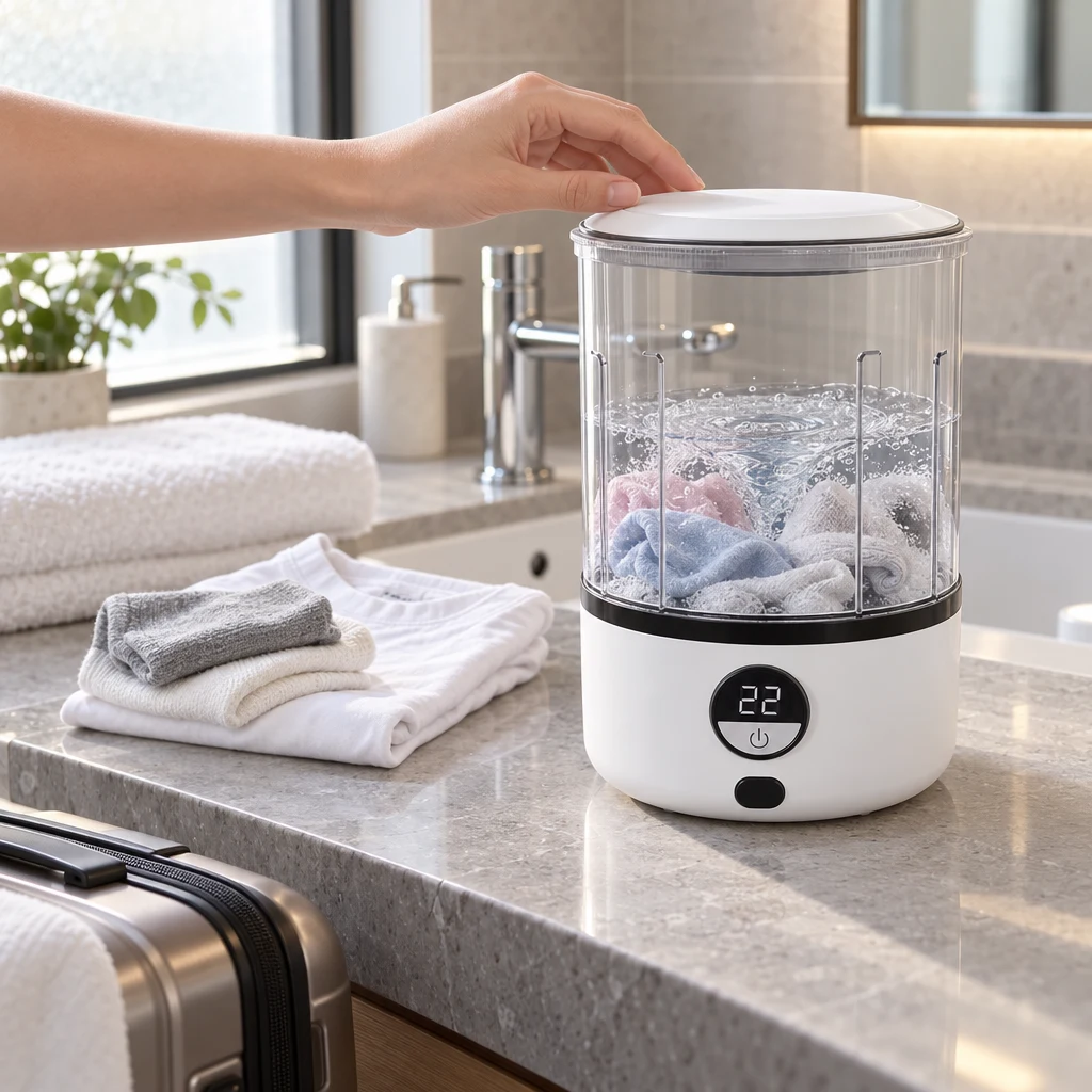 Whirlclean Mini Washer in a hotel bathroom