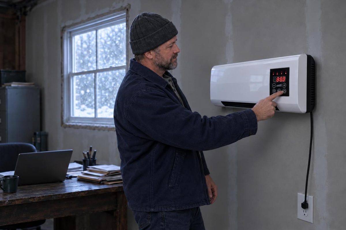 Ray switching on a Power Heat Pro wall heater in his garage office.