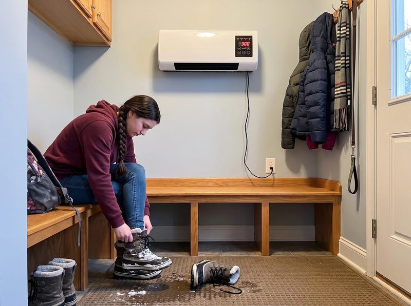 Wall heater in an entryway mudroom.