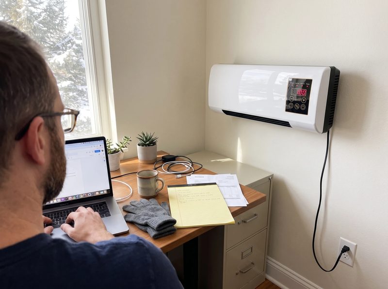 Wall heater in a home office.