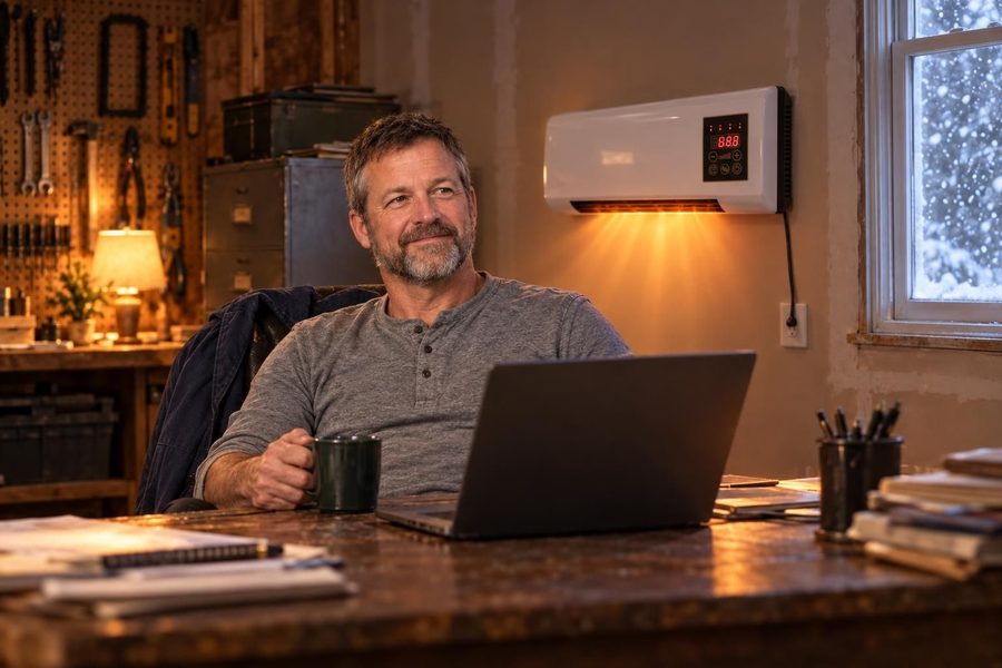 Ray relaxed in the same office with the heater running.