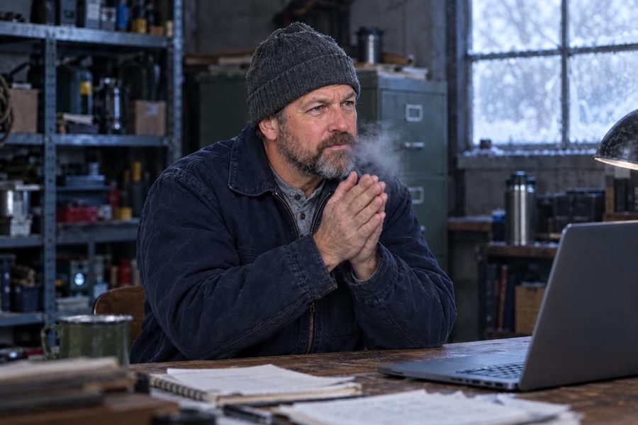 Ray in a cold garage office, breath visible.