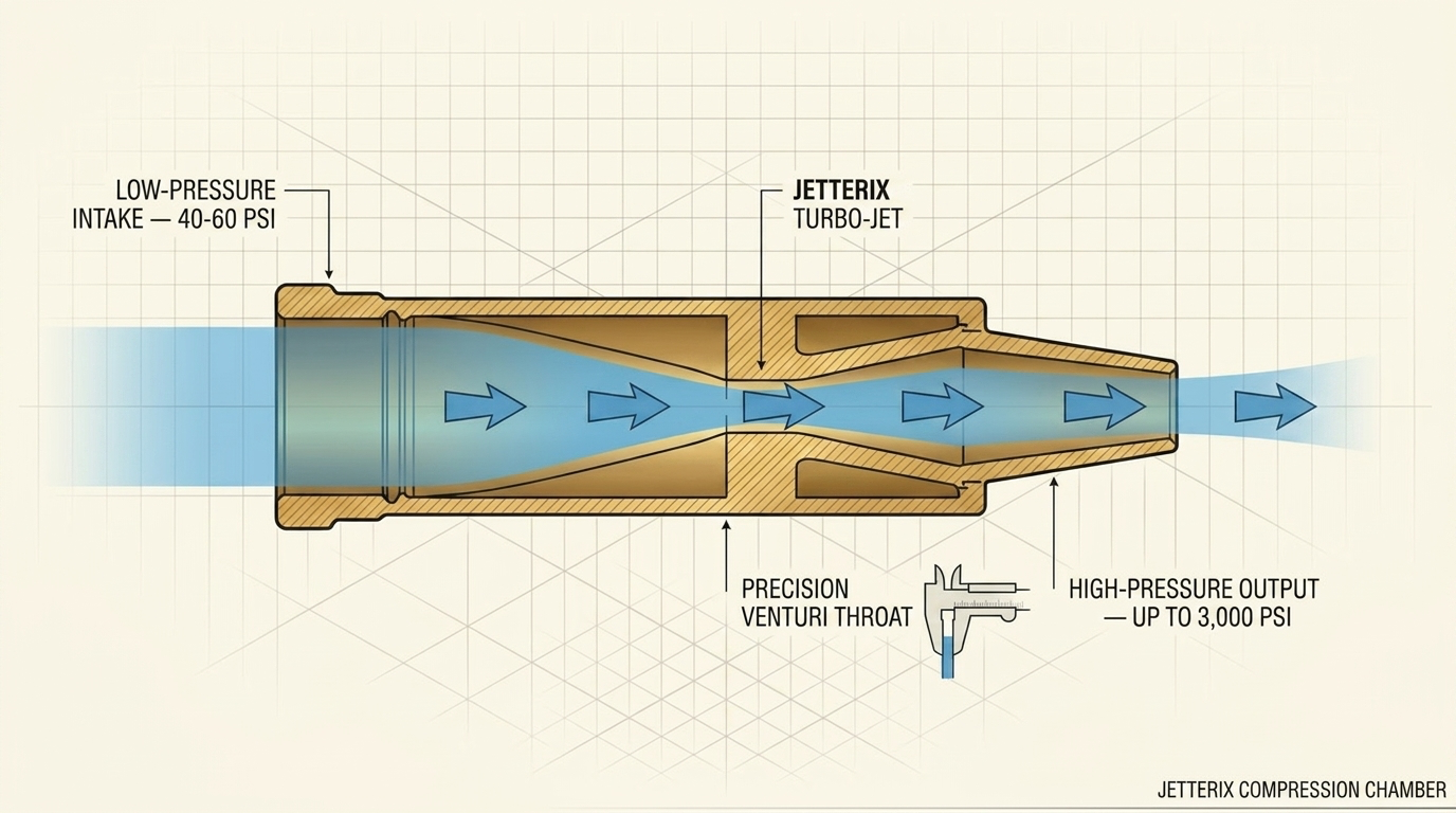 Diagram of the Power Blast Plus compression chamber — cross-section showing low-pressure intake, venturi throat, and high-pressure output