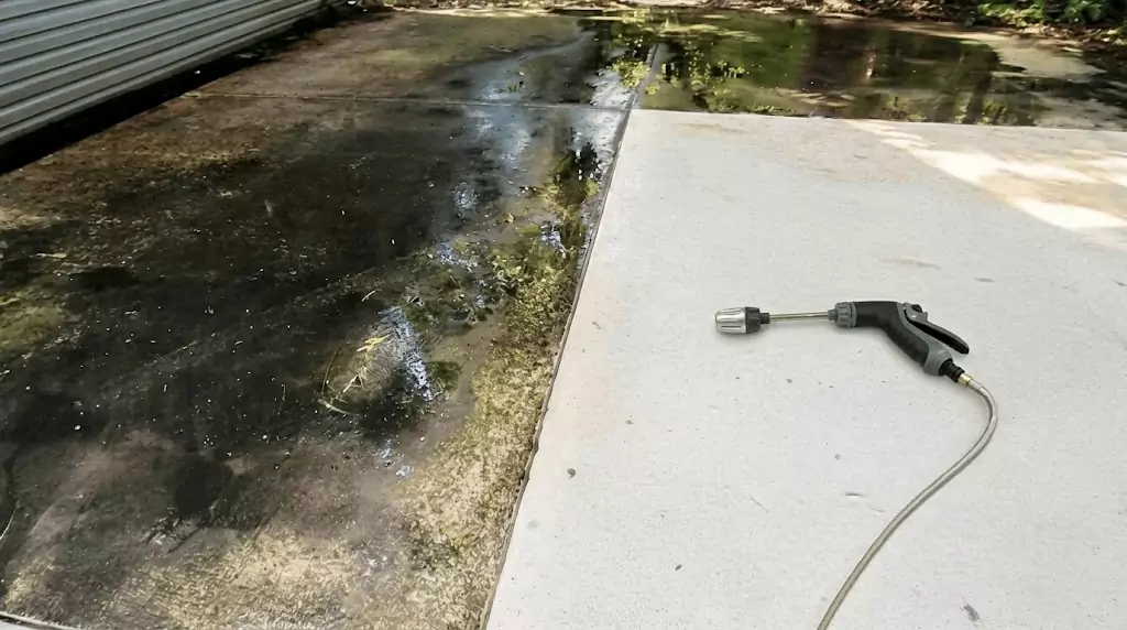 Power Blast Plus test on a narrow concrete strip with years of algae buildup — clear cleaned line through the dirty area